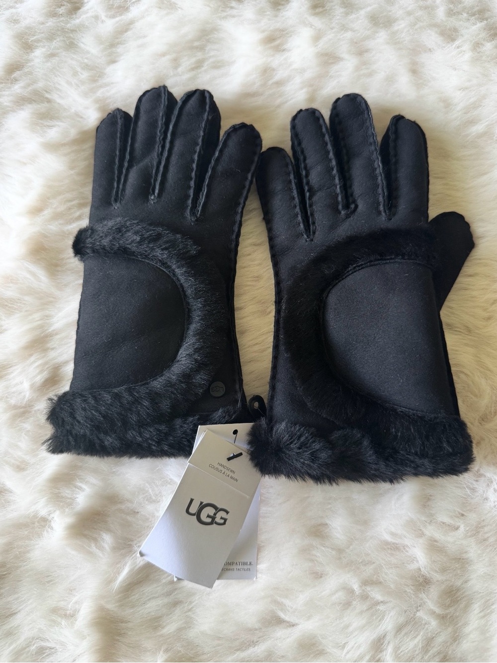 UGG Black Suede-Look Faux Fur Trim Women's Gloves